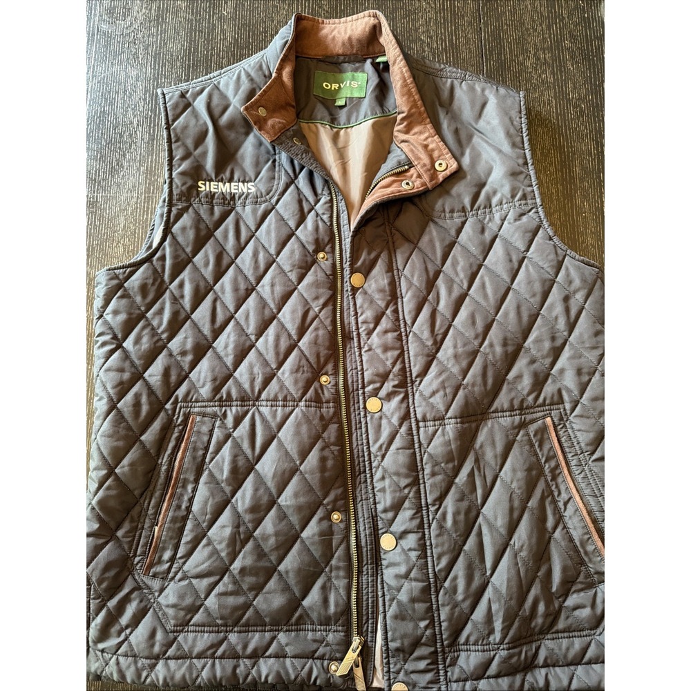 Orvis Charcoal Diamond Quilt Vest Siemens Logo Mens L